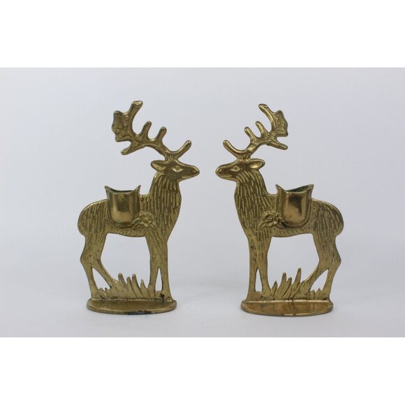 Vintage Brass Deer Candlestick Holders | Pair of Reindeer Candle Holders | 7' Ta - Picture 1 of 6